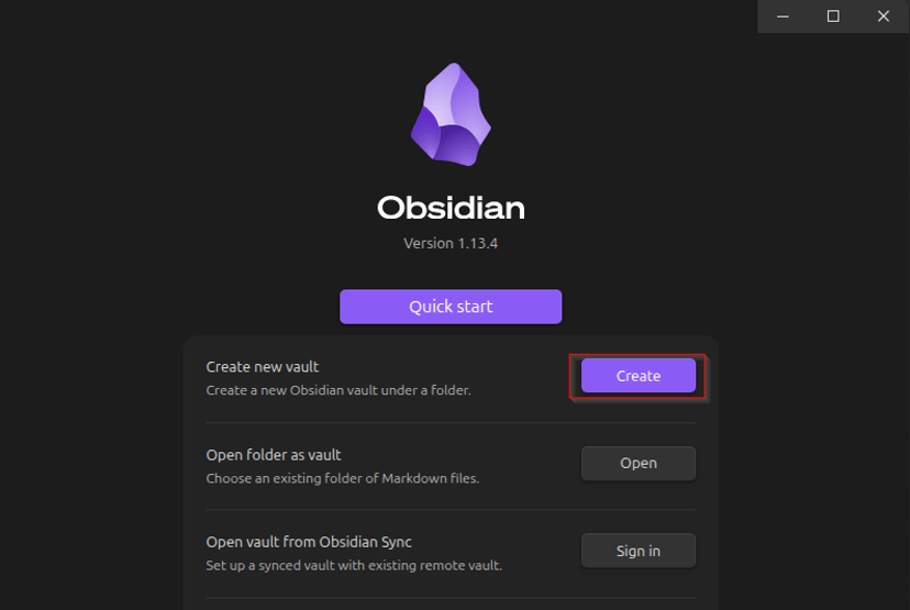 Obsidian welcome screen with the Create button highlighted for a new vault.