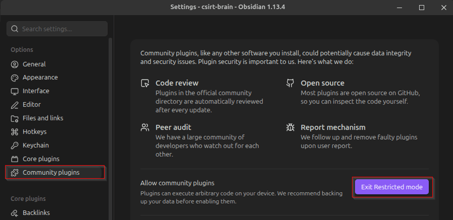 Obsidian Community plugins settings with the Exit restricted mode button highlighted.