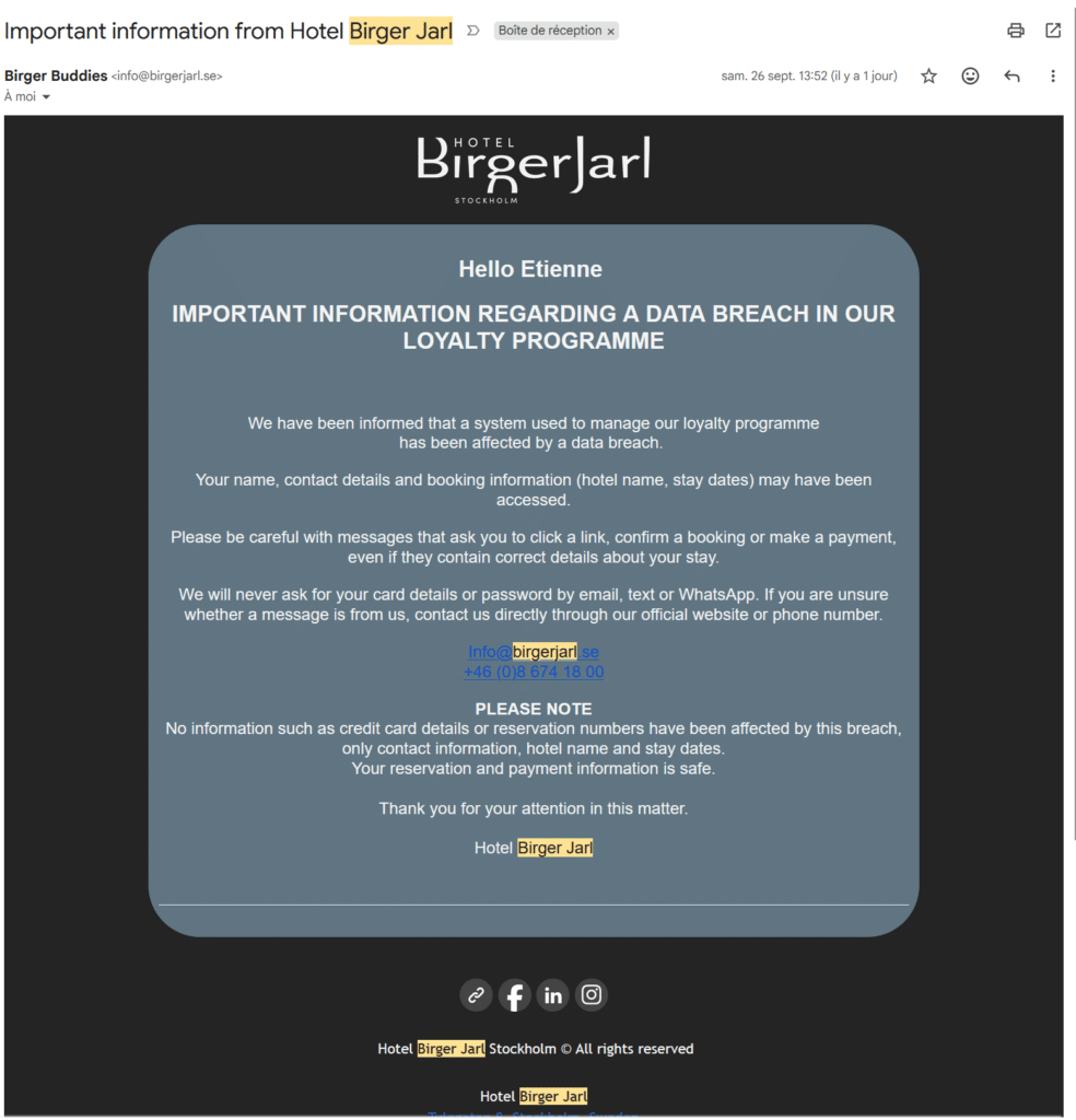 Email de l’Hotel Birger Jarl annonçant un incident sur un système de fidélité et mettant en garde contre les demandes de paiement par message.