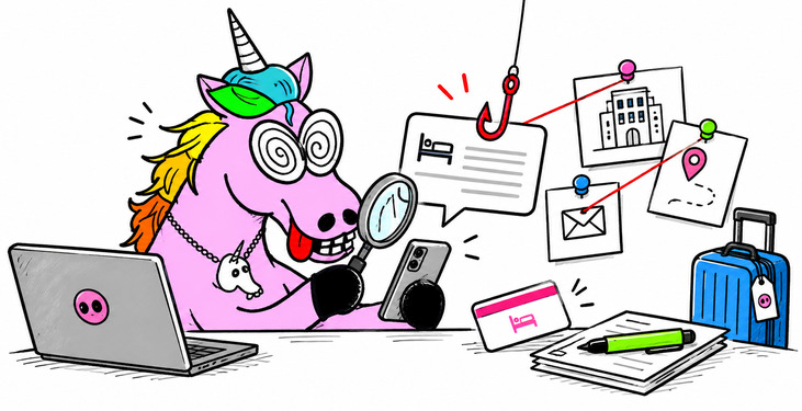 La licorne Geekeries examine un message de réservation suspect, un hameçon et des indices d’usurpation d’hôtel.