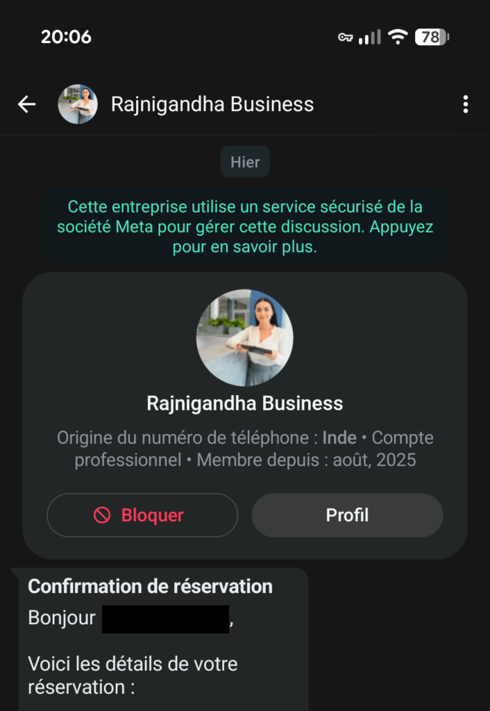 Profil WhatsApp Business de l’expéditeur et début du message, nom du voyageur masqué.