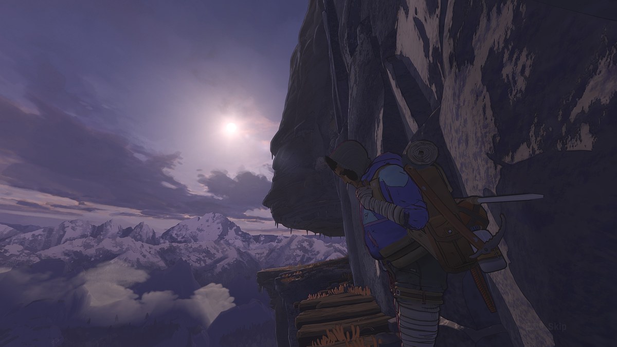 Aava contemplant la mer de sommets sous un surplomb rocheux dans le jeu Cairn