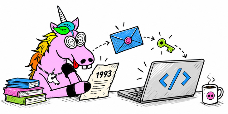 La licorne Geekeries relit le Manifeste Cypherpunk de 1993, près d’un ordinateur, d’une enveloppe scellée et d’une clé.
