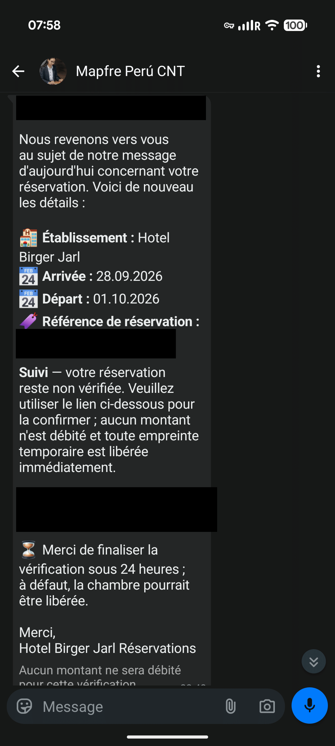 Troisième message WhatsApp frauduleux, nom, référence et lien personnel masqués.